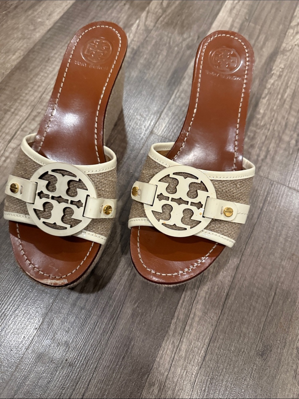 Tory Burch Cream and Brown Logo Wedge Slide Sandals